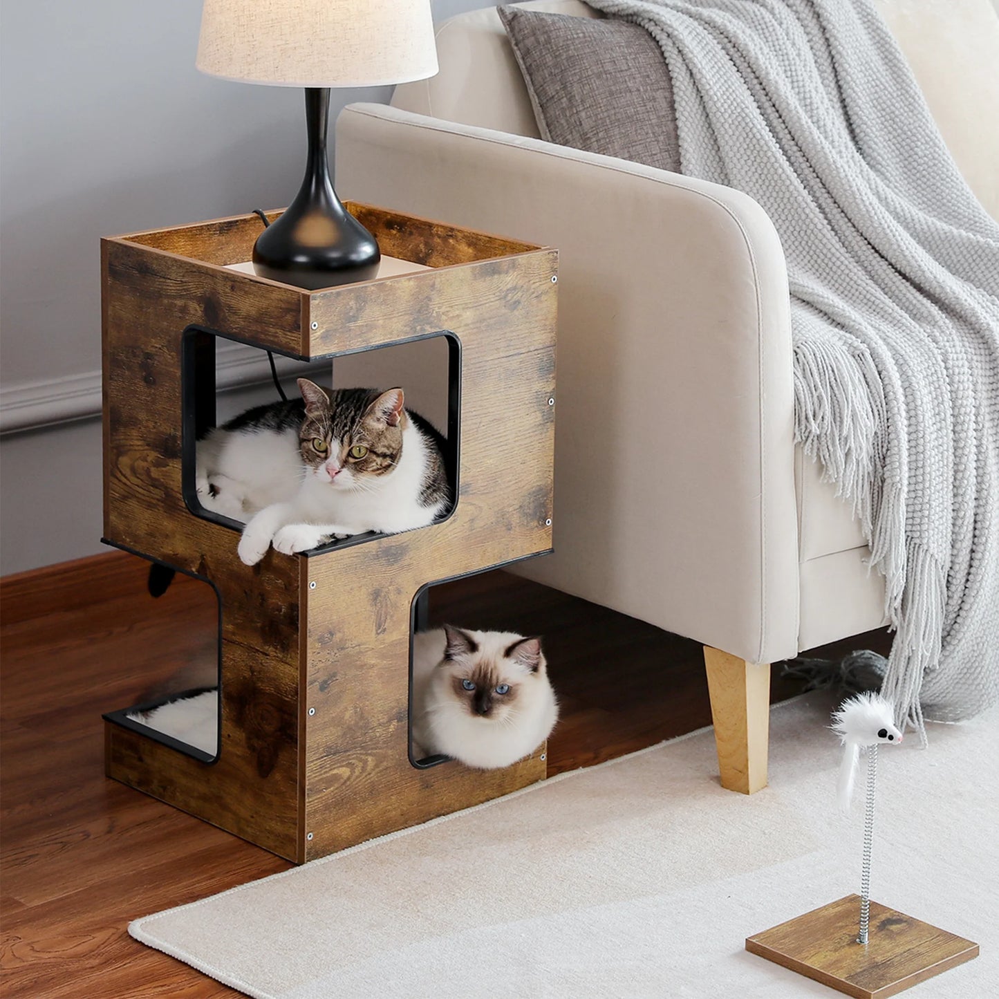 23-Inch Wooden Cat House Furniture for Indoor Cats, Contemporary Cat Tree Tower with Complimentary Toy, Scratching Pad, and Removable Soft Mats, Small Cat Condo in Brown