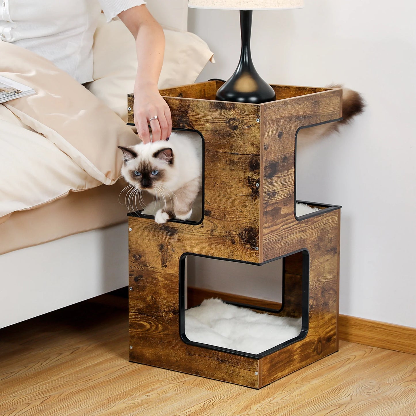 23-Inch Wooden Cat House Furniture for Indoor Cats, Contemporary Cat Tree Tower with Complimentary Toy, Scratching Pad, and Removable Soft Mats, Small Cat Condo in Brown
