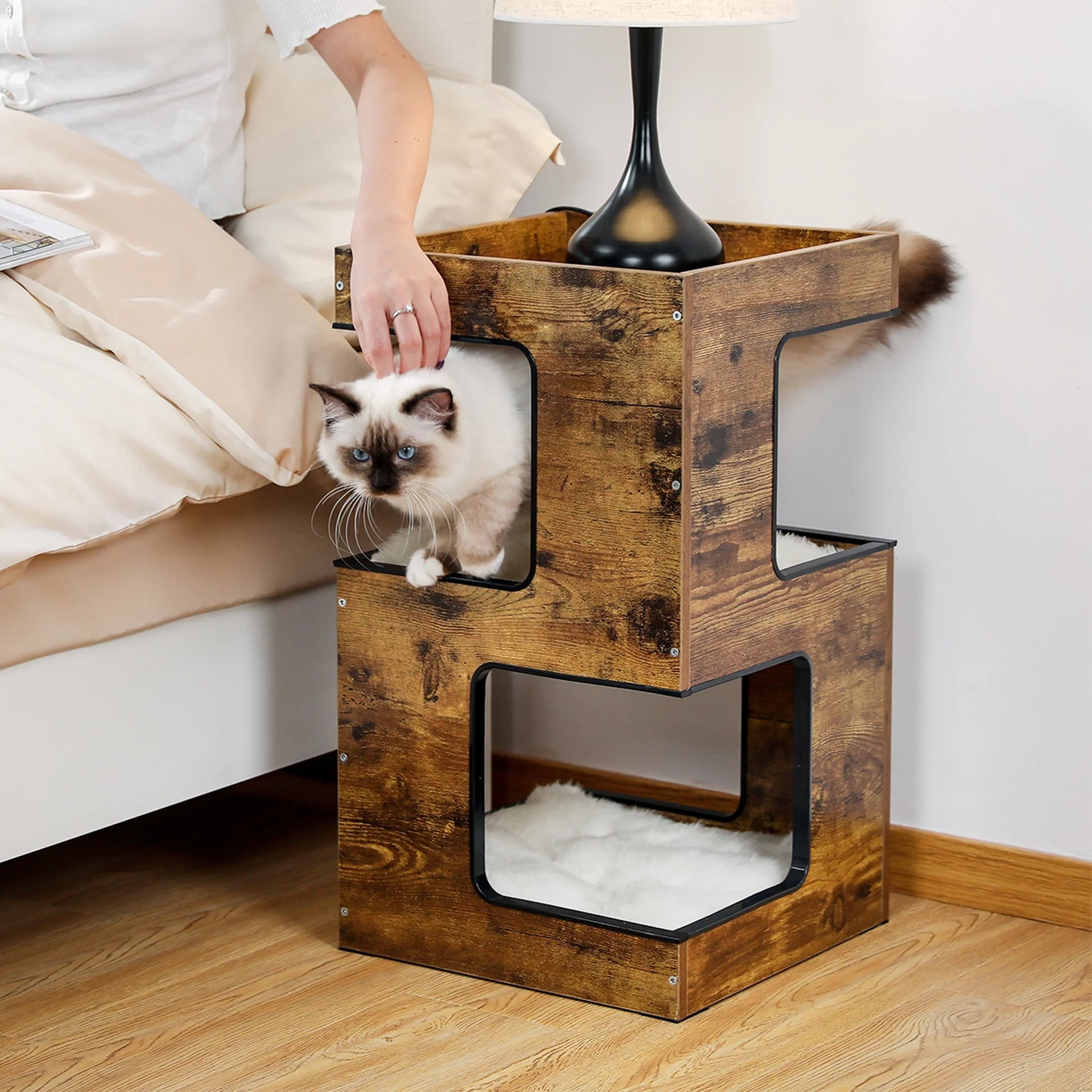 23-Inch Wooden Cat House Furniture for Indoor Cats, Contemporary Cat Tree Tower with Complimentary Toy, Scratching Pad, and Removable Soft Mats, Small Cat Condo in Brown