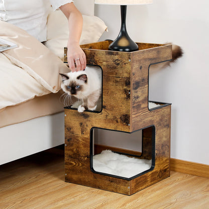 23-Inch Wooden Cat House Furniture for Indoor Cats, Contemporary Cat Tree Tower with Complimentary Toy, Scratching Pad, and Removable Soft Mats, Small Cat Condo in Brown