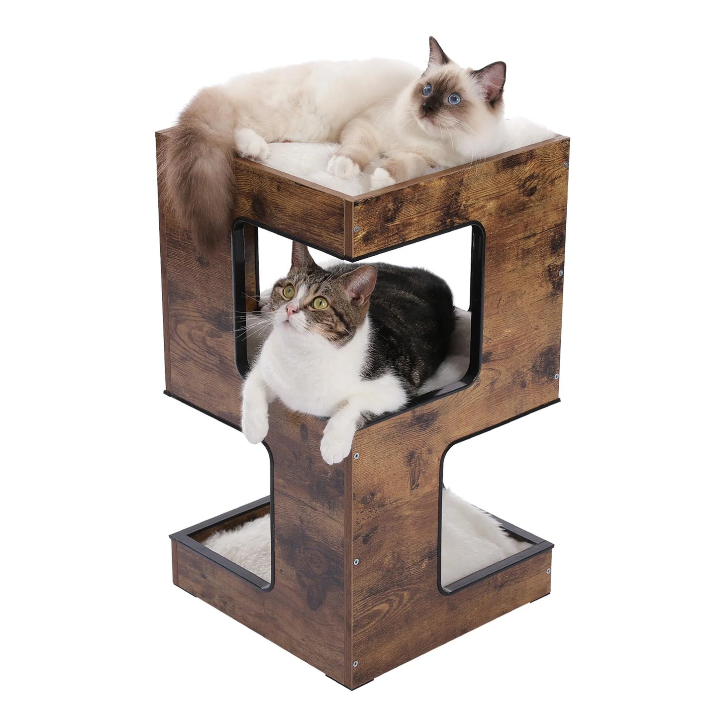 23-Inch Wooden Cat House Furniture for Indoor Cats, Contemporary Cat Tree Tower with Complimentary Toy, Scratching Pad, and Removable Soft Mats, Small Cat Condo in Brown