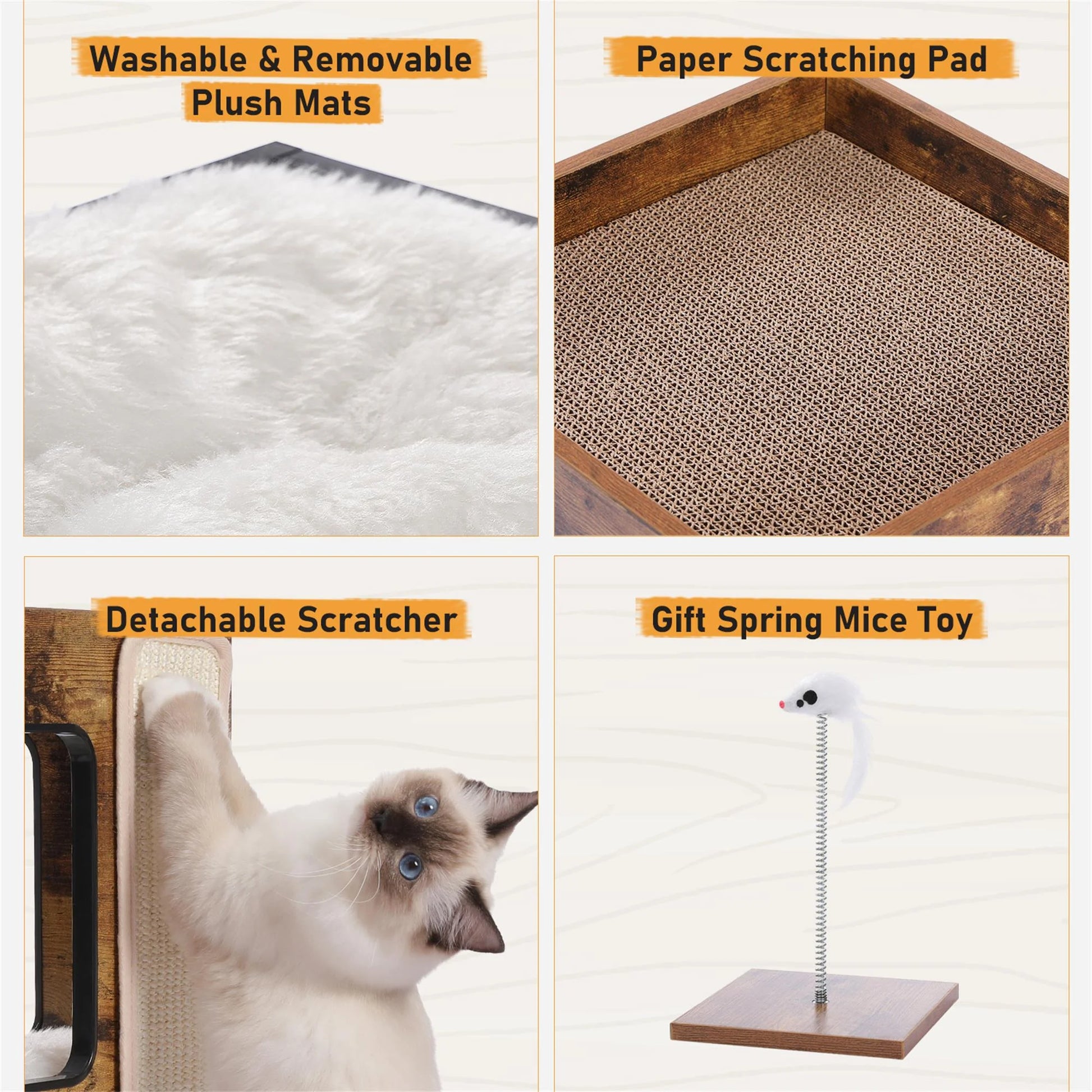 23-Inch Wooden Cat House Furniture for Indoor Cats, Contemporary Cat Tree Tower with Complimentary Toy, Scratching Pad, and Removable Soft Mats, Small Cat Condo in Brown