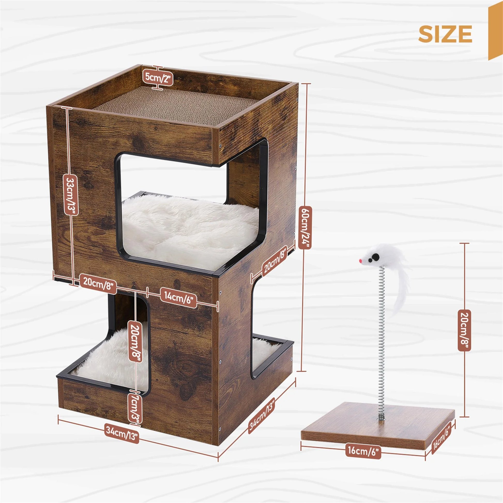 23-Inch Wooden Cat House Furniture for Indoor Cats, Contemporary Cat Tree Tower with Complimentary Toy, Scratching Pad, and Removable Soft Mats, Small Cat Condo in Brown