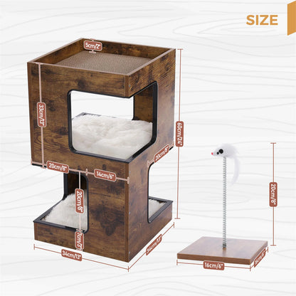 23-Inch Wooden Cat House Furniture for Indoor Cats, Contemporary Cat Tree Tower with Complimentary Toy, Scratching Pad, and Removable Soft Mats, Small Cat Condo in Brown