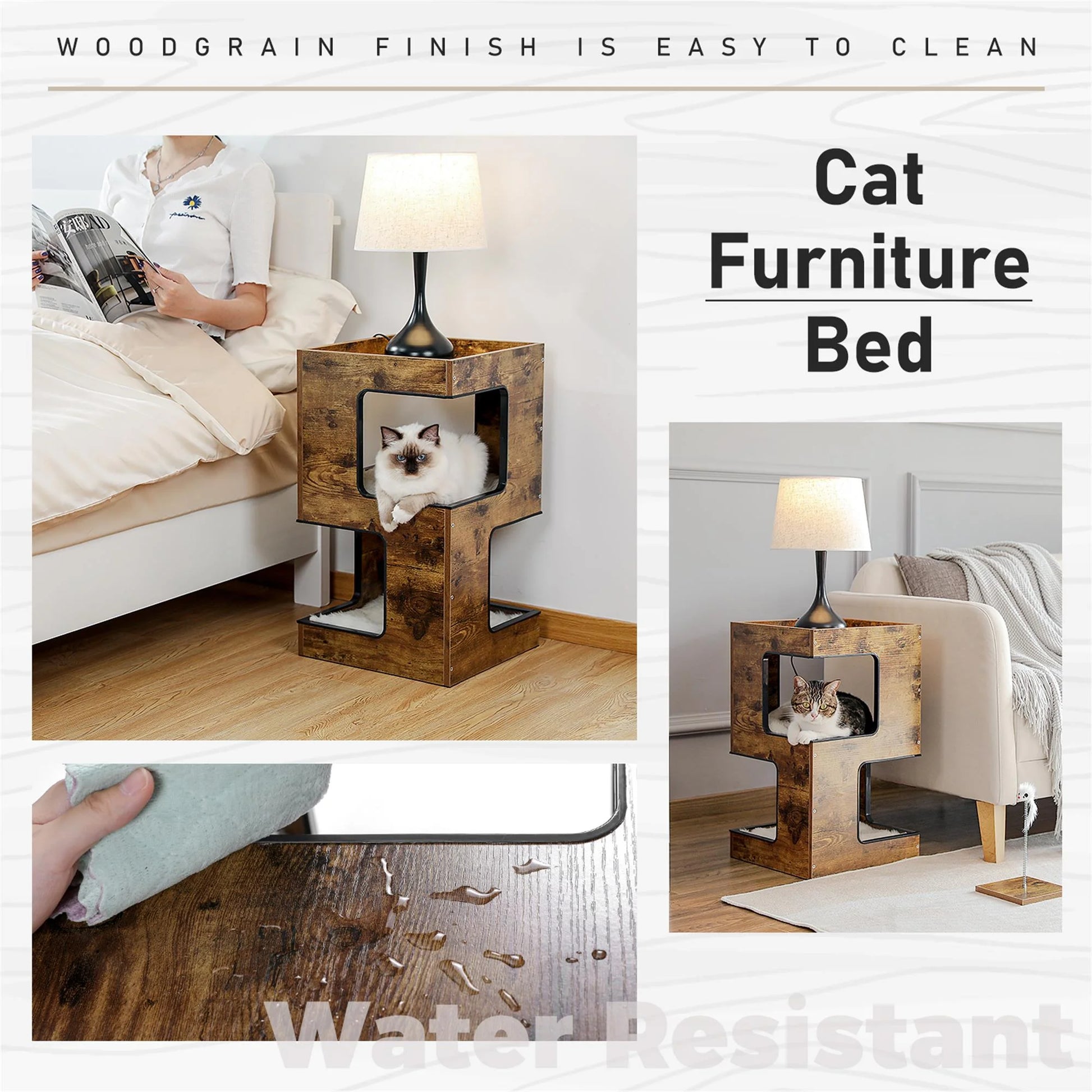 23-Inch Wooden Cat House Furniture for Indoor Cats, Contemporary Cat Tree Tower with Complimentary Toy, Scratching Pad, and Removable Soft Mats, Small Cat Condo in Brown